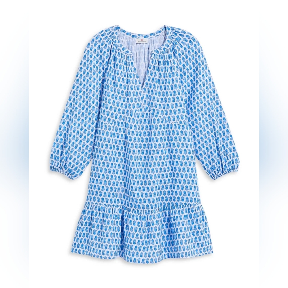 Vineyard Vines Seastitch Block Print Tiered Cotton Mini Dress Blue Coastal XS